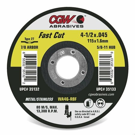 CGW ABRASIVES Quickie Cut Fast Cut Thin Depressed Center Wheel, 6 in Dia x 0.045 in THK, 46 Grit, White Aluminum O 35135